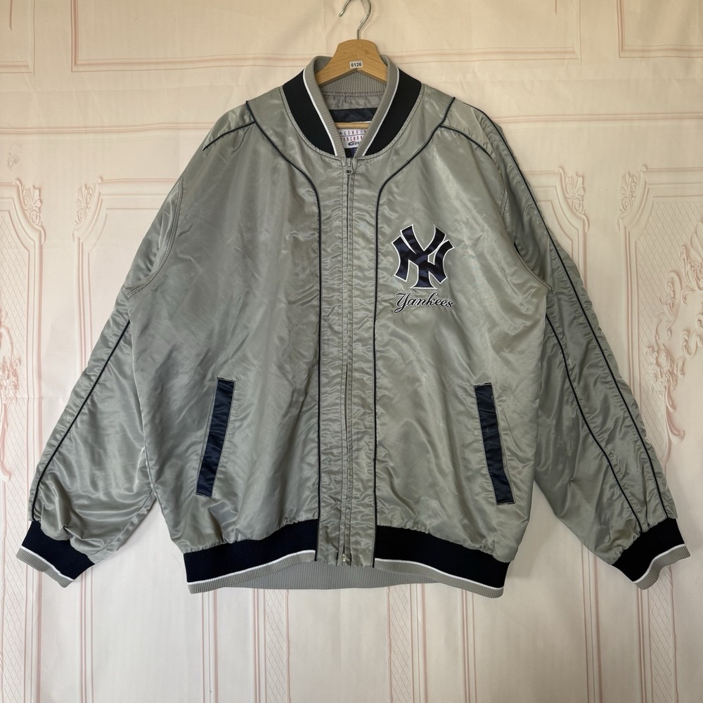 VTG NY Yankees G-III Sports By Carl Banks Satin Bomber Jacket Silver Sz XL *READ